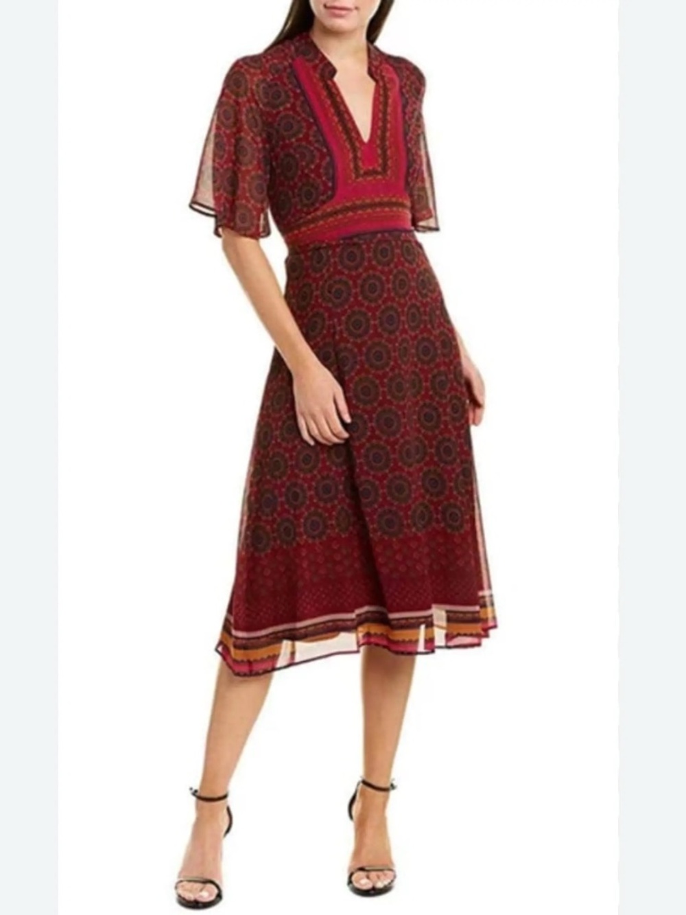 Taylor Red and Black Printed Midi Dress Size 12